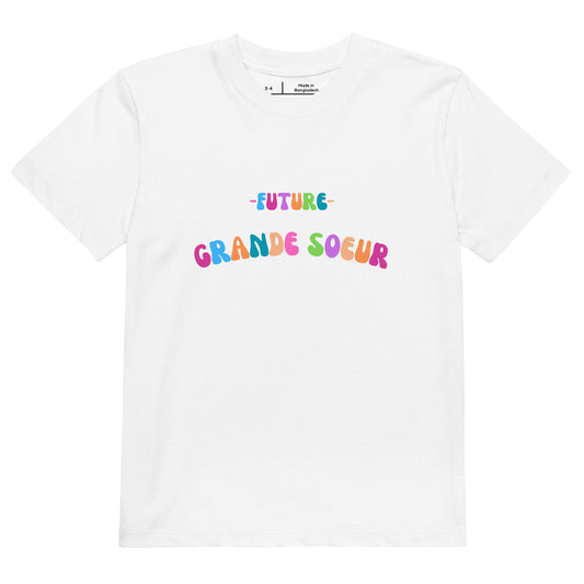T-shirt blanc manche courte encolure ronde 100% coton bio avec inscription "Future grande soeur"