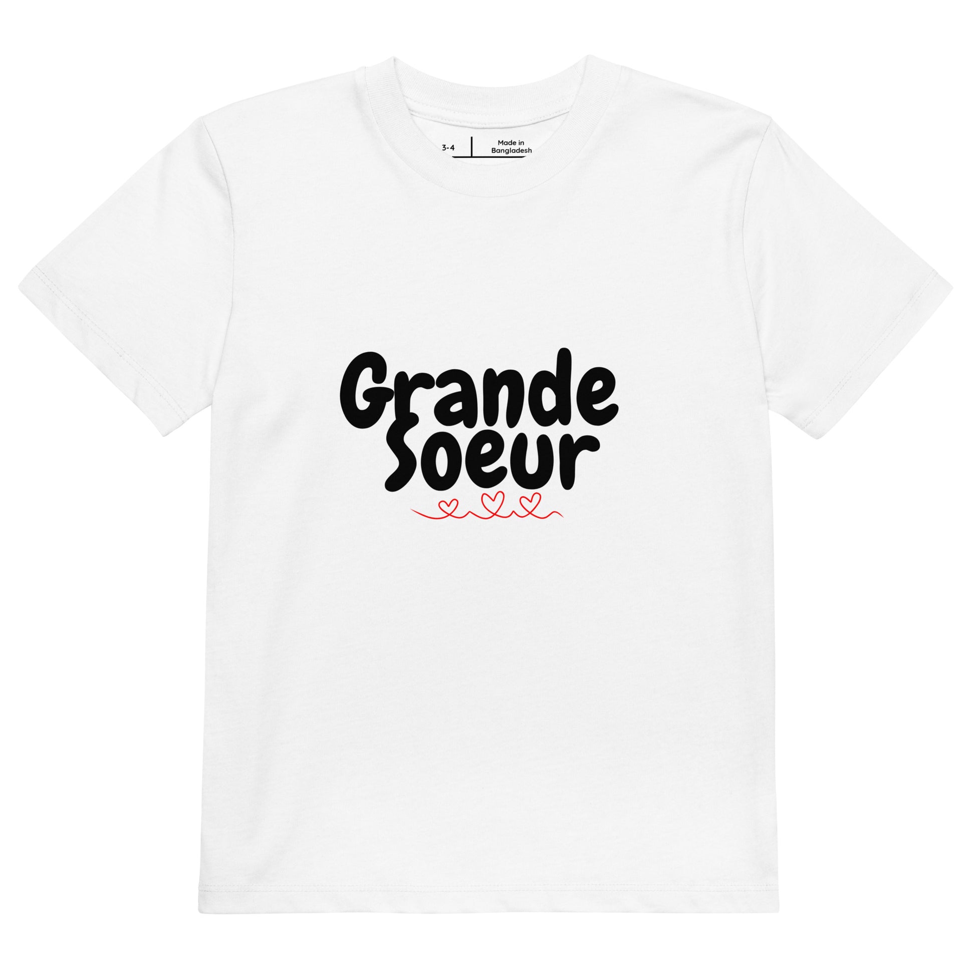 t-shirt blanc manche courte encolure ronde 100% coton bio inscription "grande Soeur " avec des coeurs