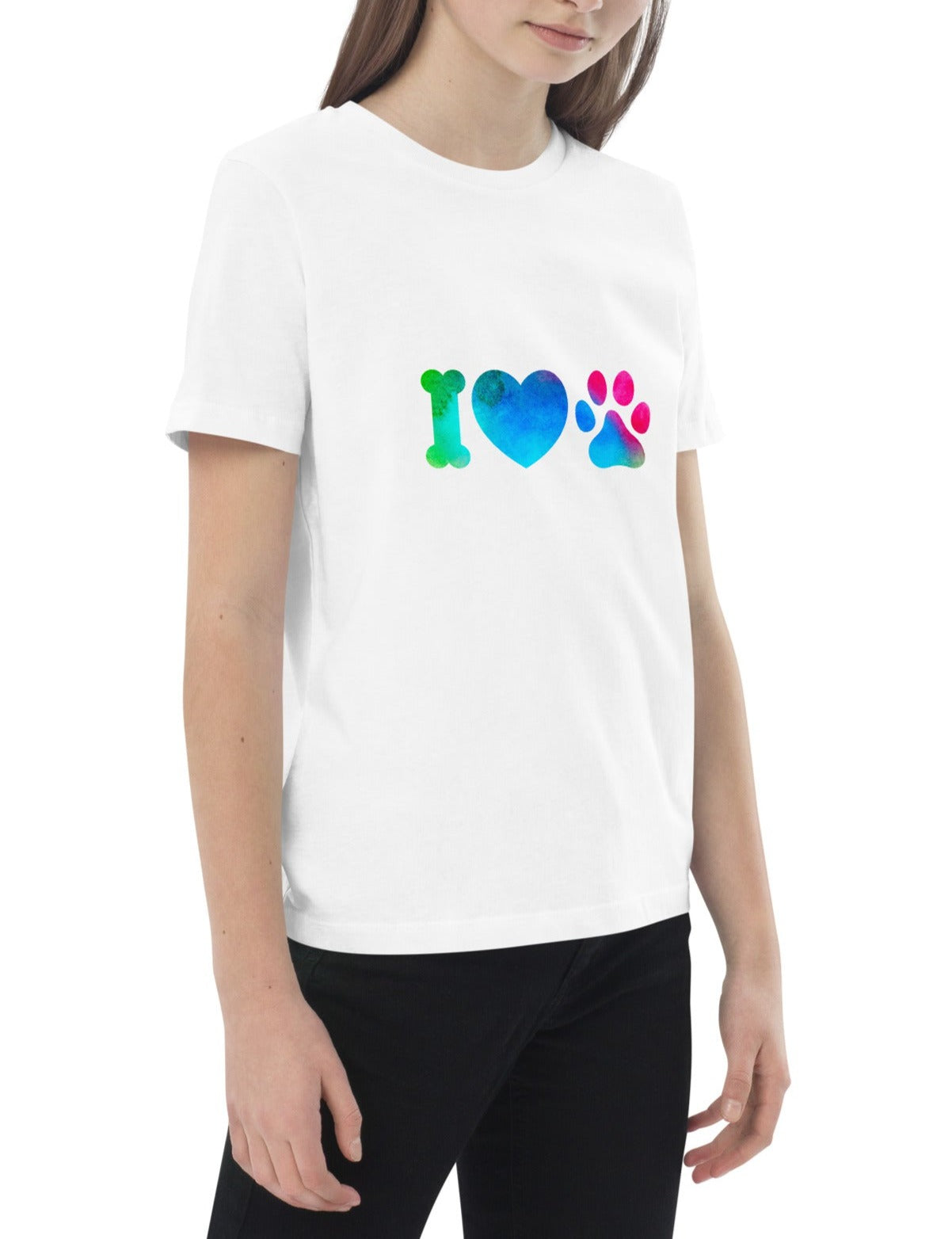 t-shirt enfant de couleur blanc 100% bio avec écrit "i love  Dogs"