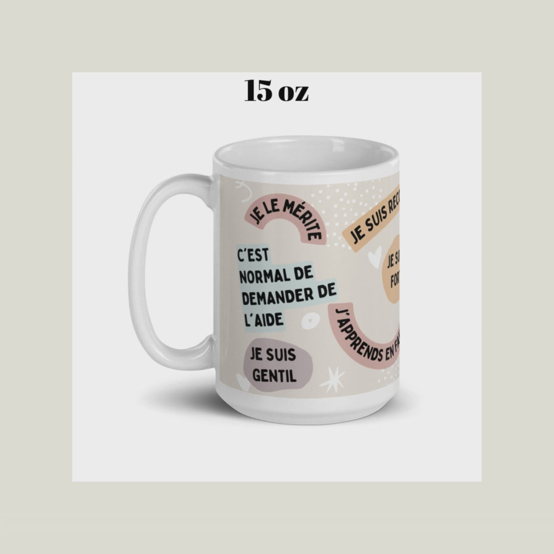 tasse céramique avec affirmations positives je suis fort, je le mérite, je suis gentil, j'apprends en fai9sant,je suis reconnaissant, ... 15 oz