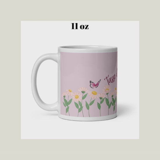 vidéo tasse blanche et rose avec inscription "tasse d'inspiration" avec fleurs et papillons 11 oz