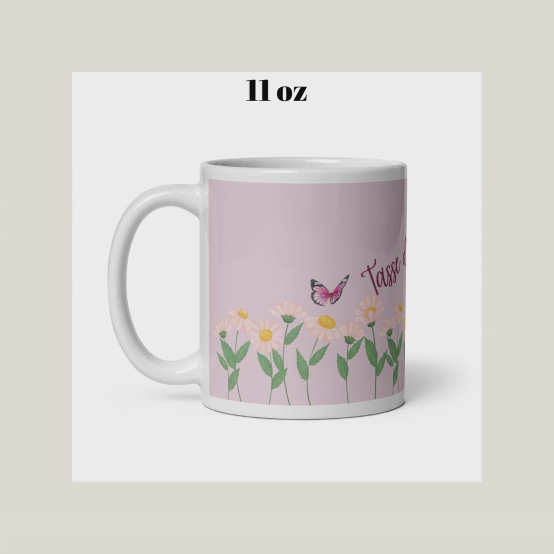 vidéo tasse blanche et rose avec inscription "tasse d'inspiration" avec fleurs et papillons 11 oz