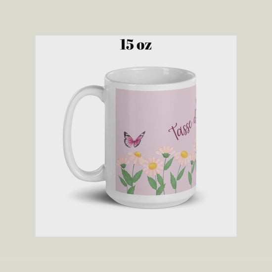 tasse blanche et rose avec inscription "tasse d'inspiration" avec fleurs et papillons 15 oz