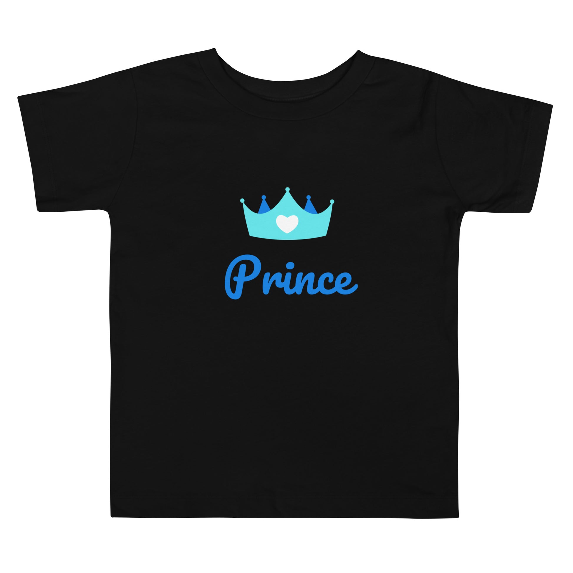 t-shirt enfant en bas âge de couleur noir manche courte col rond inscription "Prince" avec une couronne bleu et un petit coeur sur la couronne