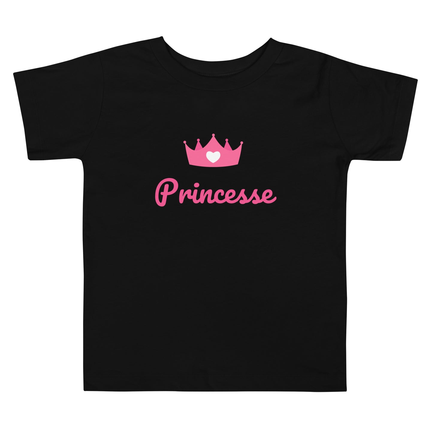 t-shirt noir col rond manche courte 100% coton avec inscription "princesse" et une couronne rose avec un coeur blanc