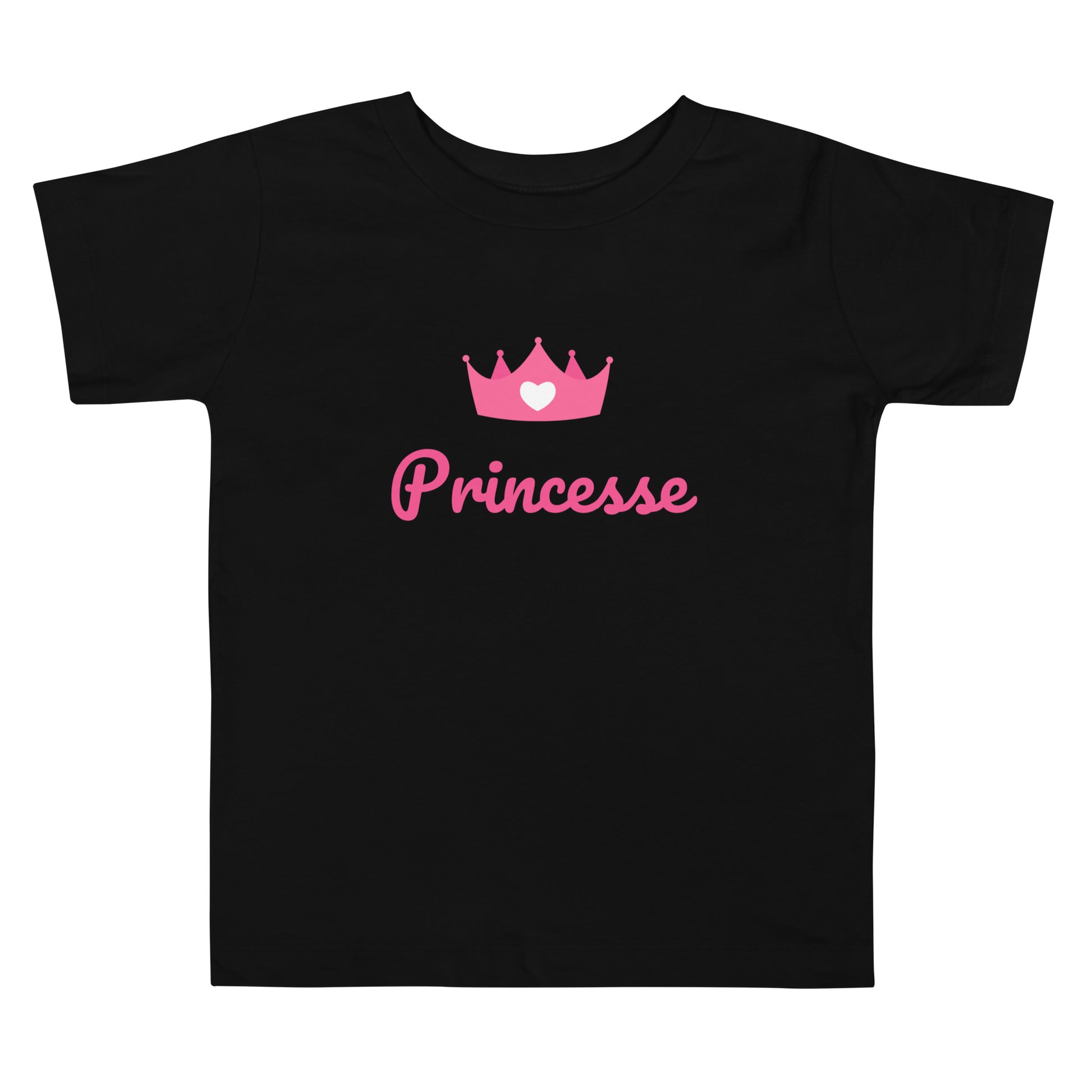t-shirt noir col rond manche courte 100% coton avec inscription "princesse" et une couronne rose avec un coeur blanc