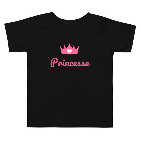 t-shirt noir col rond manche courte 100% coton avec inscription "princesse" et une couronne rose avec un coeur blanc
