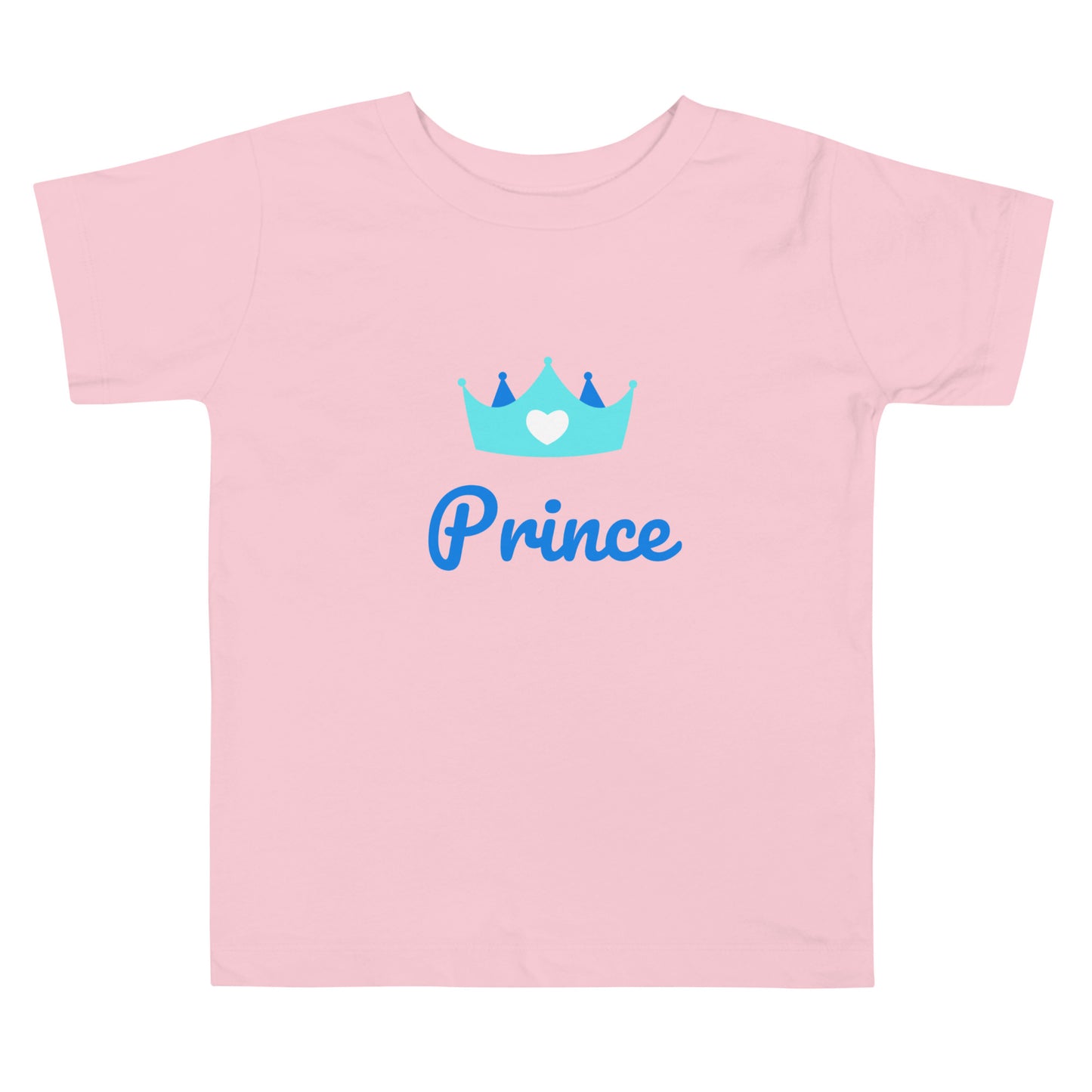 t-shirt enfant en bas âge de couleur rose clair manche courte col rond inscription "Prince" avec une couronne bleu et un petit coeur sur la couronne