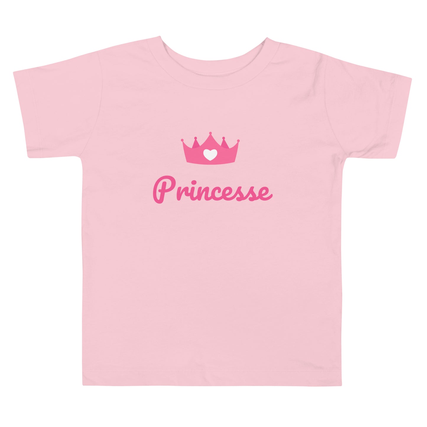 t-shirt rose col rond manche courte 100% coton avec inscription "princesse" et une couronne rose avec un coeur blanc