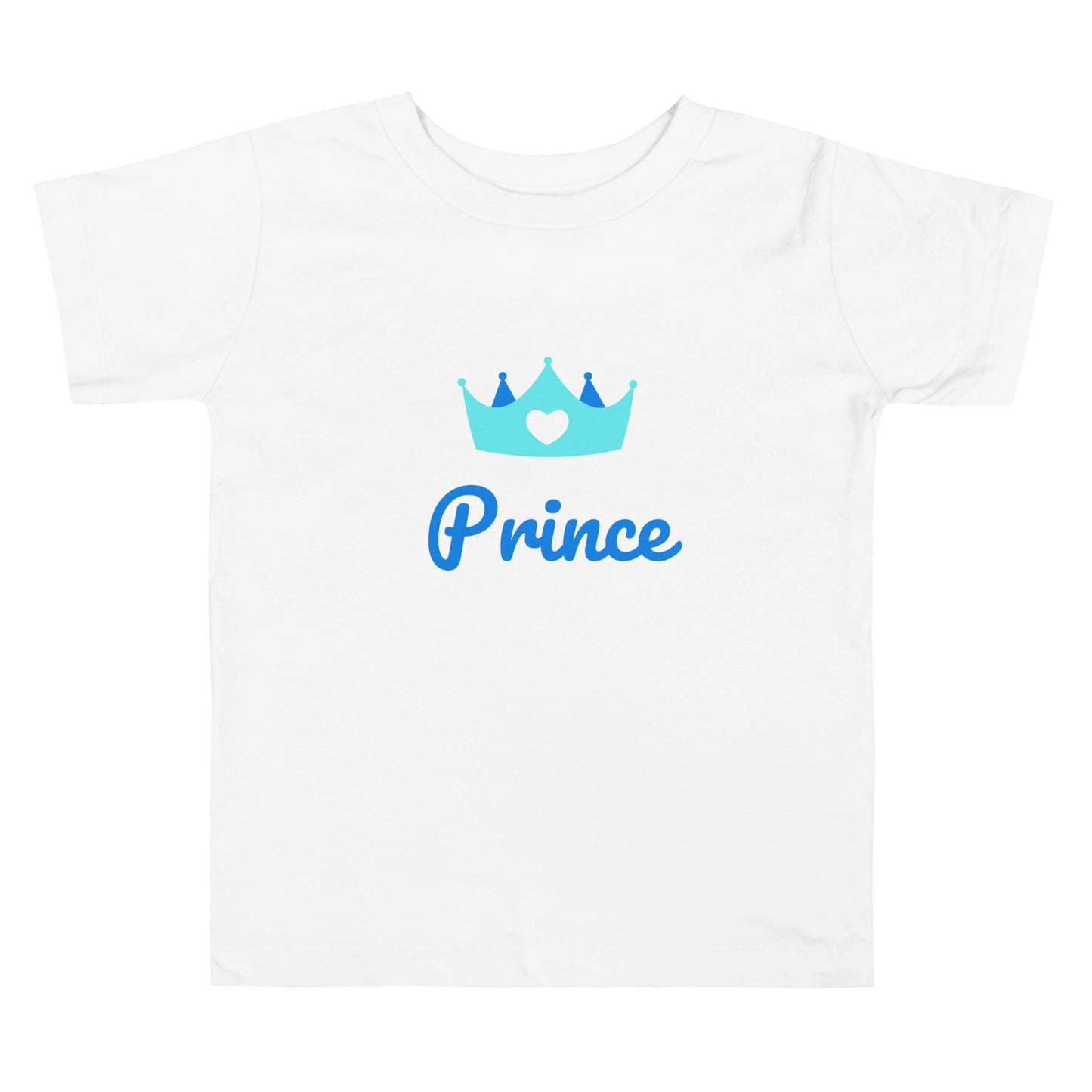 t-shirt enfant en bas âge de couleur blanc manche courte col rond inscription "Prince" avec une couronne bleu et un petit coeur sur la couronne