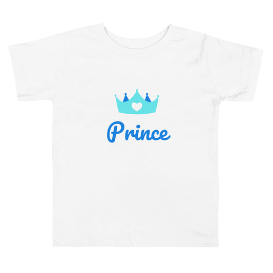 t-shirt enfant en bas âge de couleur blanc manche courte col rond inscription "Prince" avec une couronne bleu et un petit coeur sur la couronne