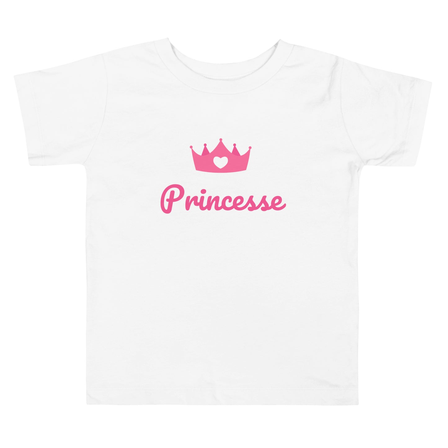 t-shirt blanc col rond manche courte 100% coton avec inscription "princesse" et une couronne rose avec un coeur blanc