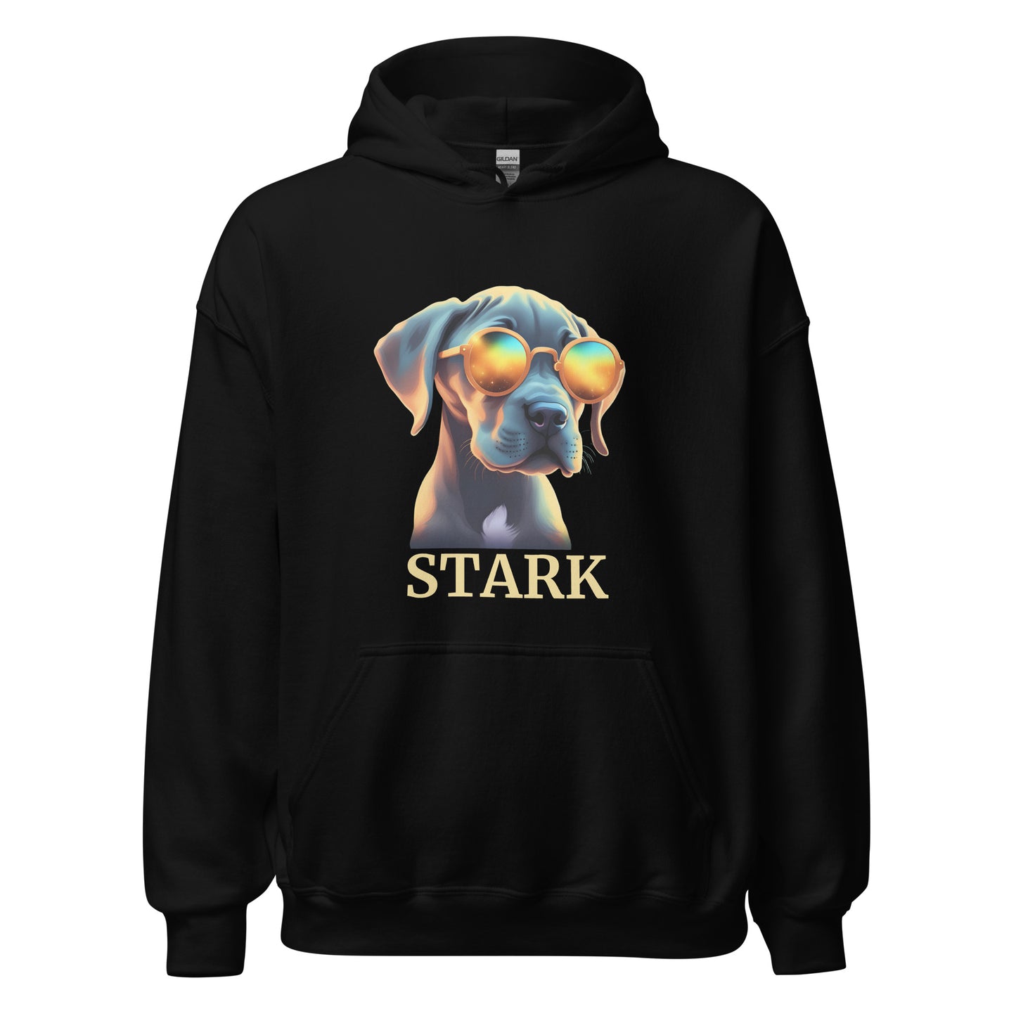 Sweat à capuche de couleur noir avec poche devant Avec dessin de bébé dogue Allemand avec des lunettes de soleil avec personnalisation de mettre le nom de votre dogue en-dessous du dessin