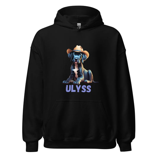 Sweat à capuche de couleur noir avec poche devant avec un bébé dogue allemand avec un chapeau de cowboy sur la tête et personnalisation avec le nom de votre dogue en dessous de l'image