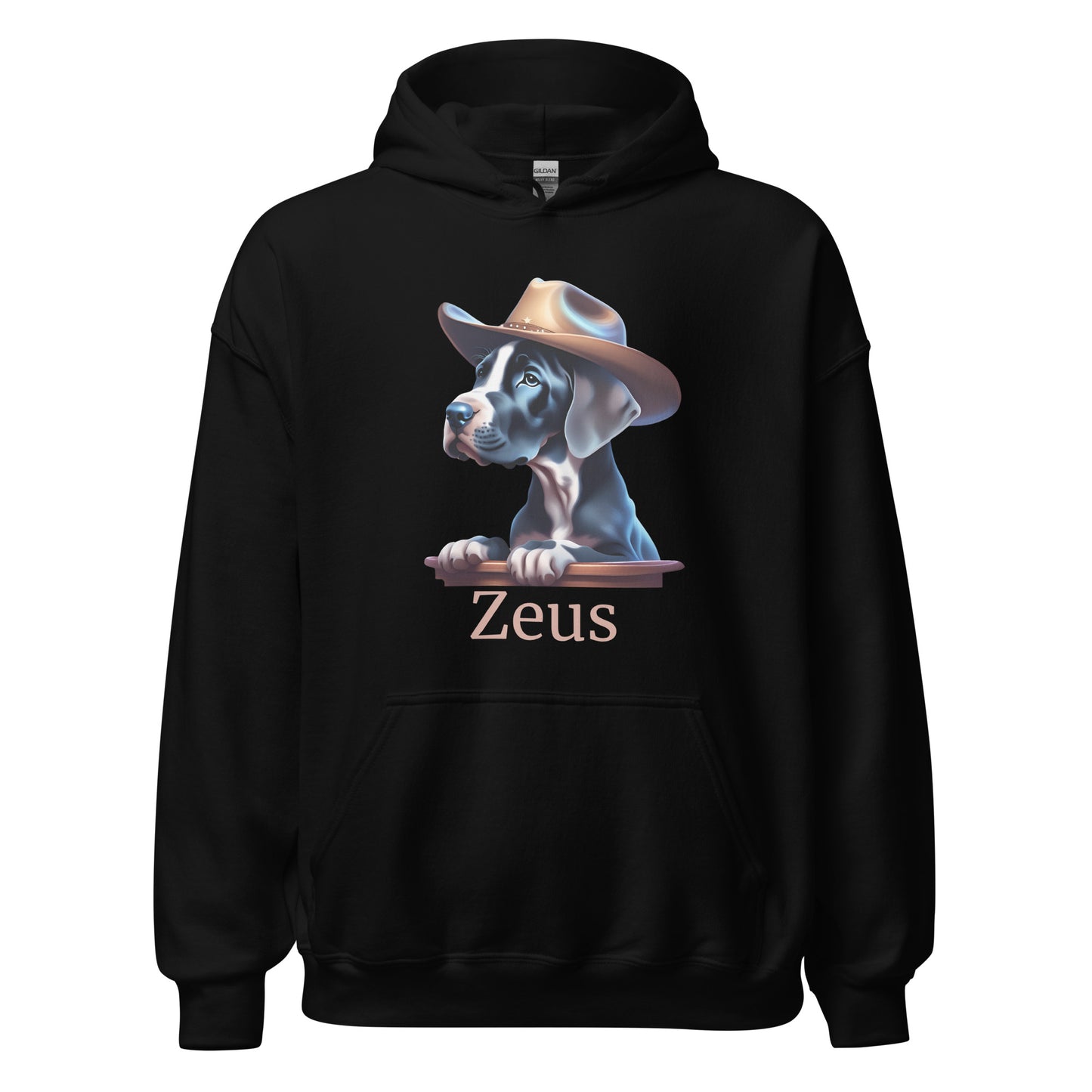 Sweat à capuche noir avec une poche devant avec photo de bébé dogue allemand avec un chapeau de cowboy sur la tête avec la personnalisation du nom de votre propre dogue