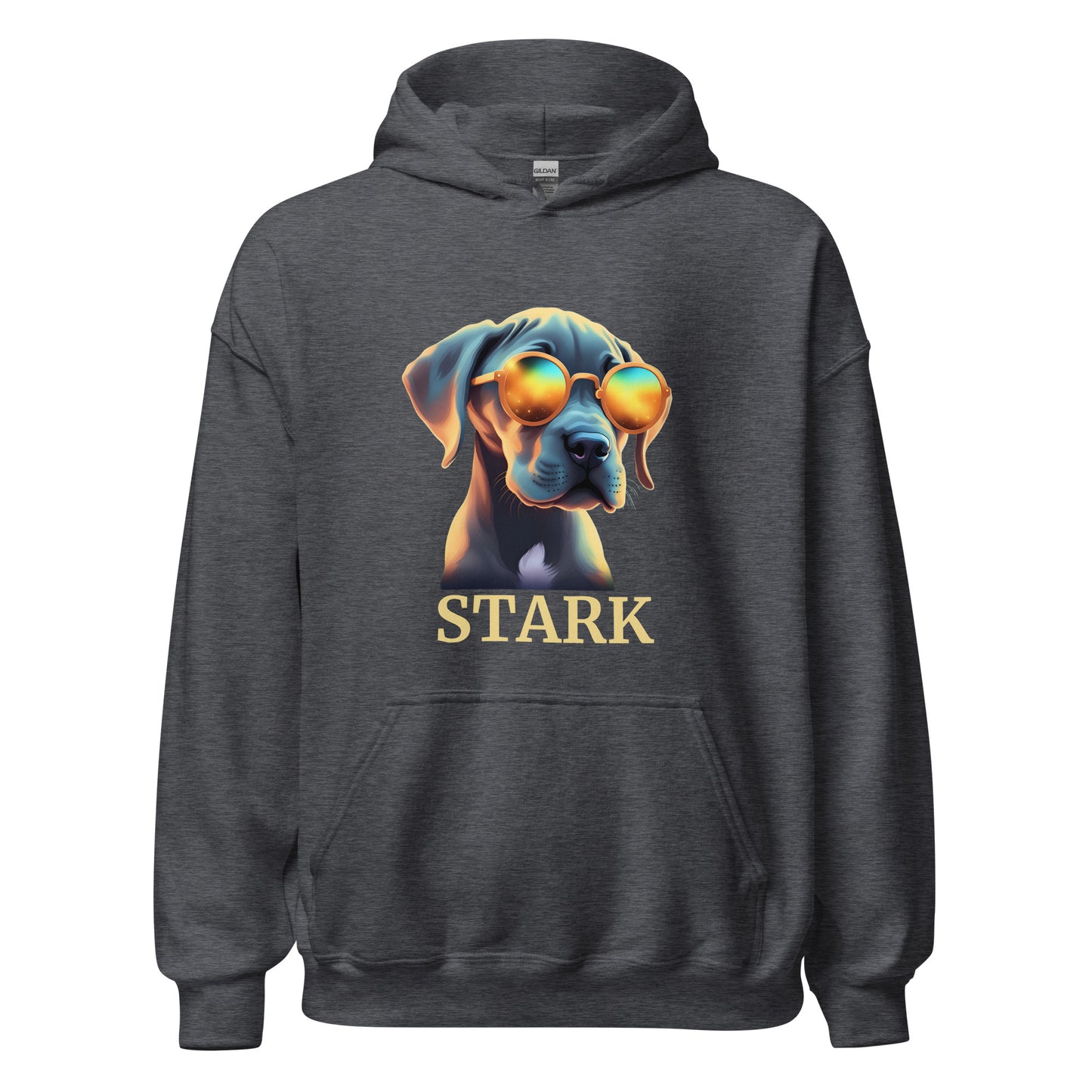 Sweat à capuche de couleur gris foncé avec poche devant Avec dessin de bébé dogue Allemand avec des lunettes de soleil avec personnalisation de mettre le nom de votre dogue en-dessous du dessin
