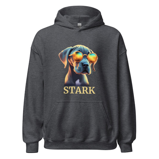 Sweat à capuche de couleur gris foncé avec poche devant Avec dessin de bébé dogue Allemand avec des lunettes de soleil avec personnalisation de mettre le nom de votre dogue en-dessous du dessin