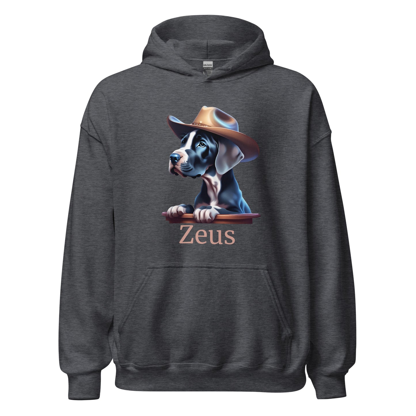 Sweat à capuche gris foncé chiné avec une poche devant avec photo de bébé dogue allemand avec un chapeau de cowboy sur la tête avec la personnalisation du nom de votre propre dogue