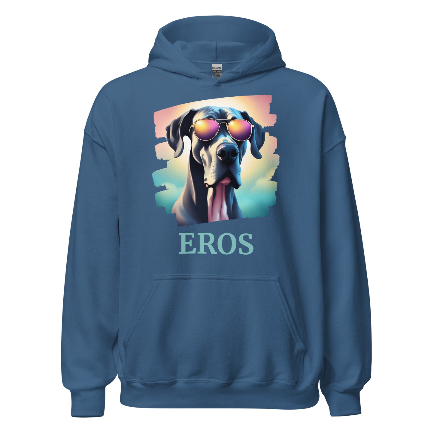 Sweat à capuche avec une poche devant de couleur bleu indigo en coton comme dessin un dogue allemand avec des lunettes avec une personnalisation avec le nom de son propre dogue