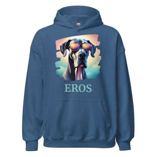 Sweat à capuche avec une poche devant de couleur bleu indigo en coton comme dessin un dogue allemand avec des lunettes avec une personnalisation avec le nom de son propre dogue