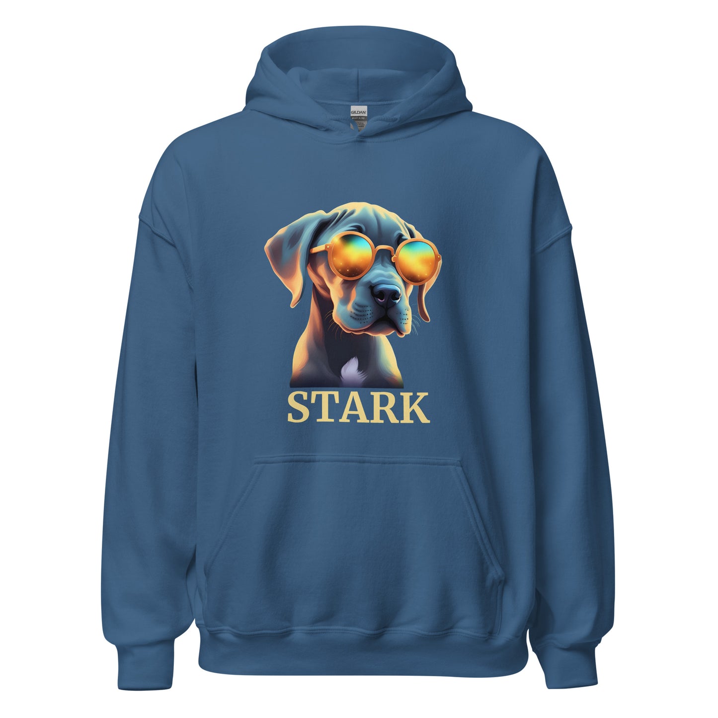 Sweat à capuche de couleur Bleu Indigo avec poche devant Avec dessin de bébé dogue Allemand avec des lunettes de soleil avec personnalisation de mettre le nom de votre dogue en-dessous du dessin