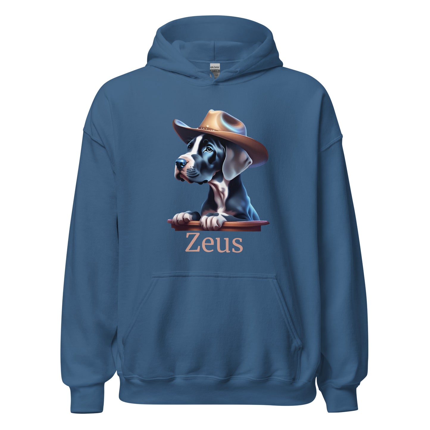 Sweat à capuche bleu indigo avec une poche devant avec photo de bébé dogue allemand avec un chapeau de cowboy sur la tête avec la personnalisation du nom de votre propre dogue
