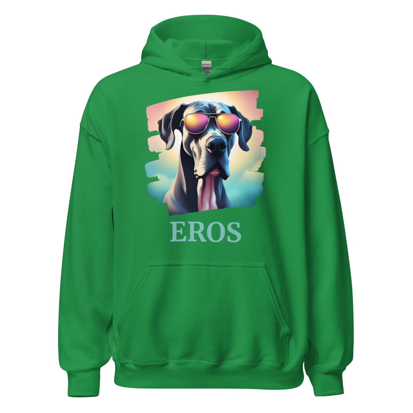 Sweat à capuche avec une poche devant de couleur vert menthe en coton comme dessin un dogue allemand avec des lunettes avec une personnalisation avec le nom de son propre dogue