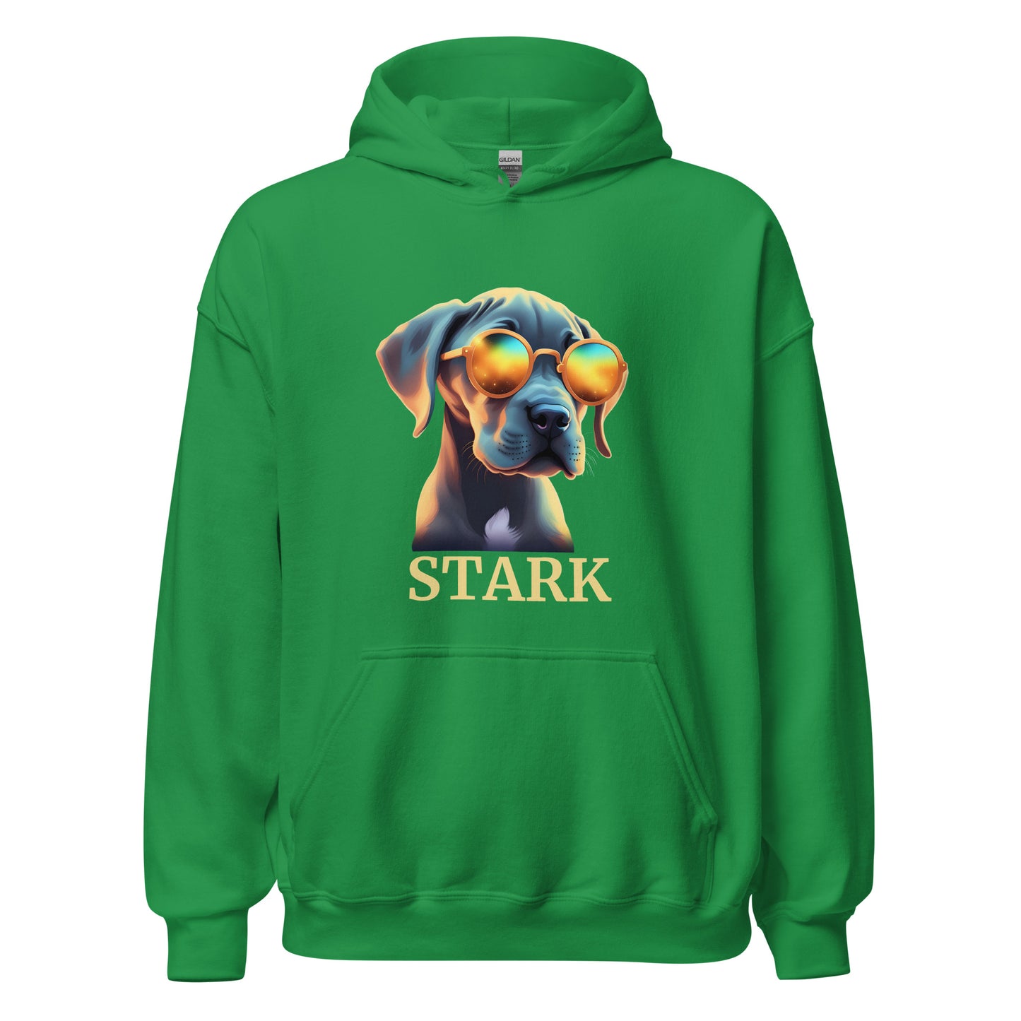 Sweat à capuche de couleur Vert Menthe avec poche devant Avec dessin de bébé dogue Allemand avec des lunettes de soleil avec personnalisation de mettre le nom de votre dogue en-dessous du dessin