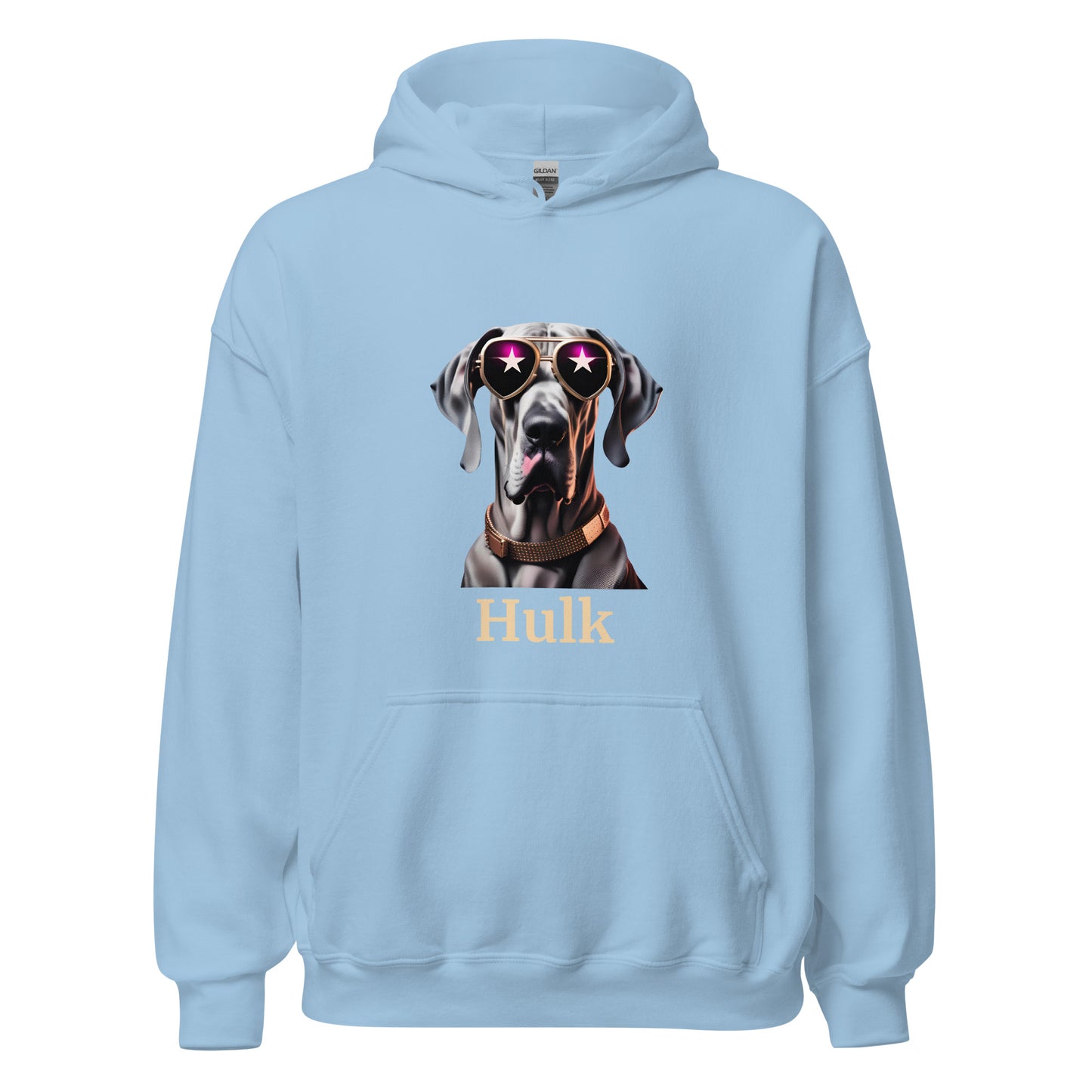 sweat de couleur bleu clair à capuche avec une poche sur l'avant avec le dessin d'un dogue allemand portant des lunettes de soleil et un colier en cuivre en dessous du dessin il y a une personnalisation avec le nom de votre propre Dogue