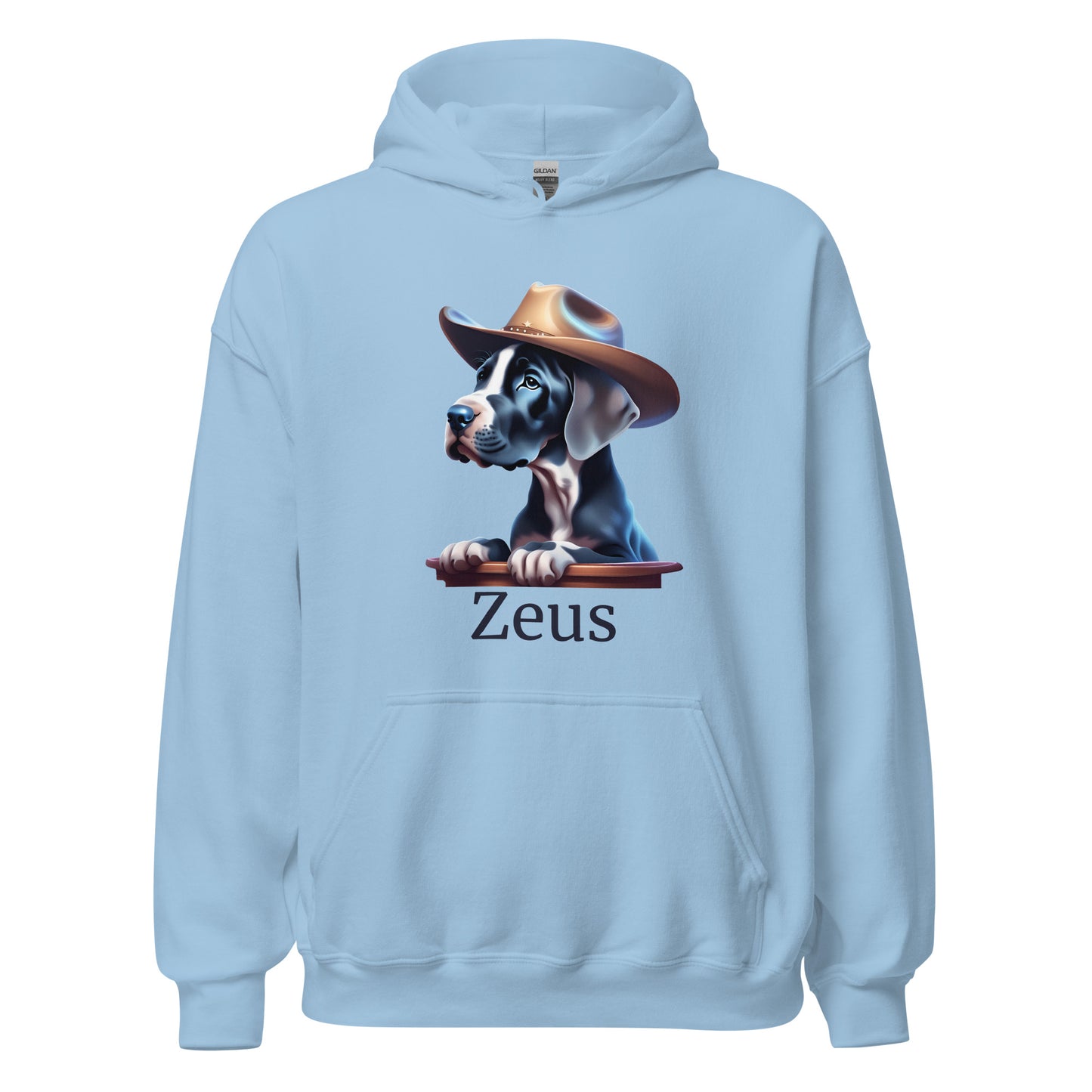 Sweat à capuche bleu clair avec une poche devant avec photo de bébé dogue allemand avec un chapeau de cowboy sur la tête avec la personnalisation du nom de votre propre dogue