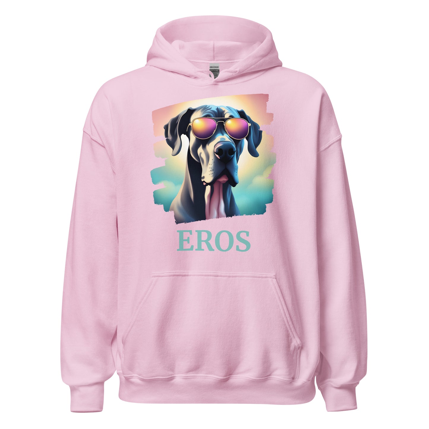 Sweat à capuche avec une poche devant de couleur rose clair en coton comme dessin un dogue allemand avec des lunettes avec une personnalisation avec le nom de son propre dogue