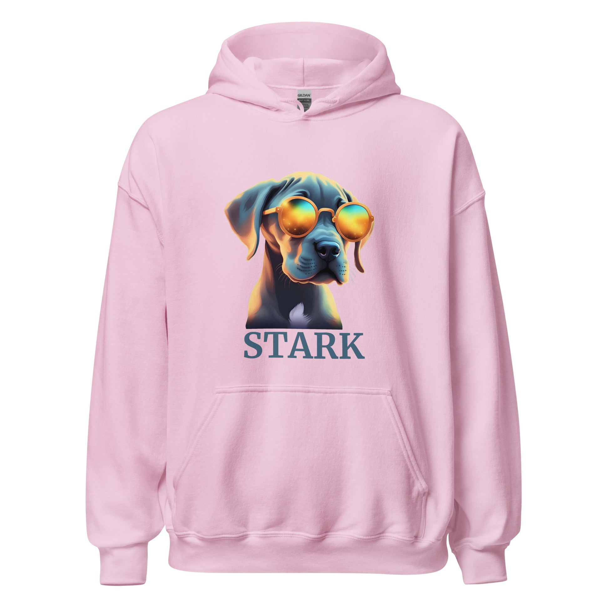 Sweat à capuche de couleur rose avec poche devant Avec dessin de bébé dogue Allemand avec des lunettes de soleil avec personnalisation de mettre le nom de votre dogue en-dessous du dessin