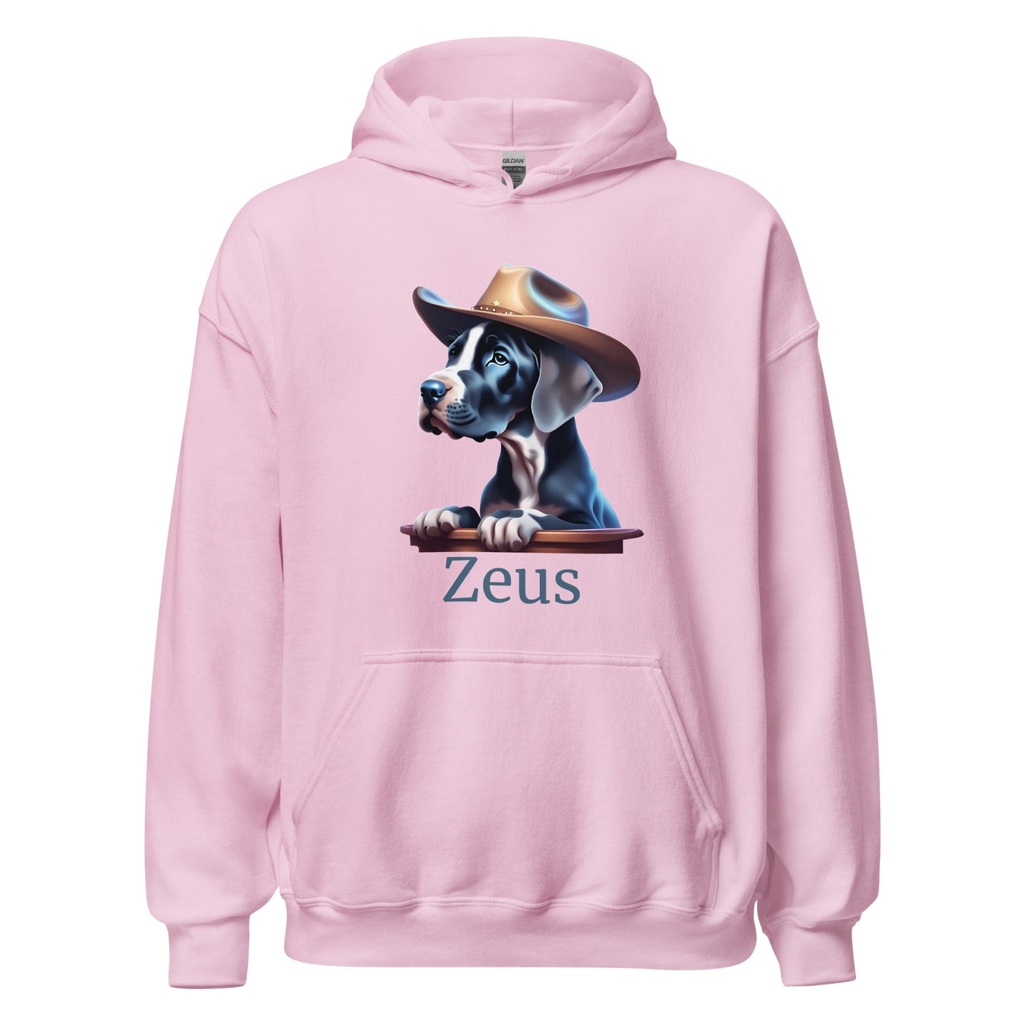 Sweat à capuche rose  avec une poche devant avec photo de bébé dogue allemand avec un chapeau de cowboy sur la tête avec la personnalisation du nom de votre propre dogue