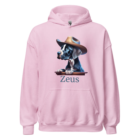 Sweat à capuche rose  avec une poche devant avec photo de bébé dogue allemand avec un chapeau de cowboy sur la tête avec la personnalisation du nom de votre propre dogue