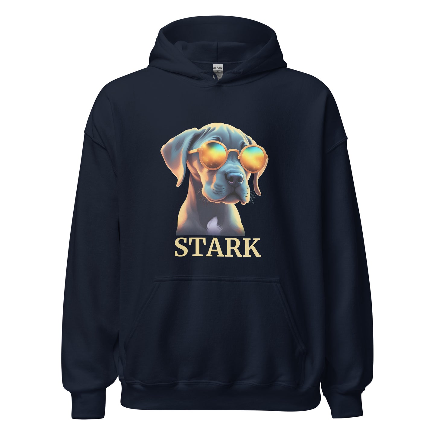 Sweat à capuche de couleur Bleu Marineavec poche devant Avec dessin de bébé dogue Allemand avec des lunettes de soleil avec personnalisation de mettre le nom de votre dogue en-dessous du dessin
