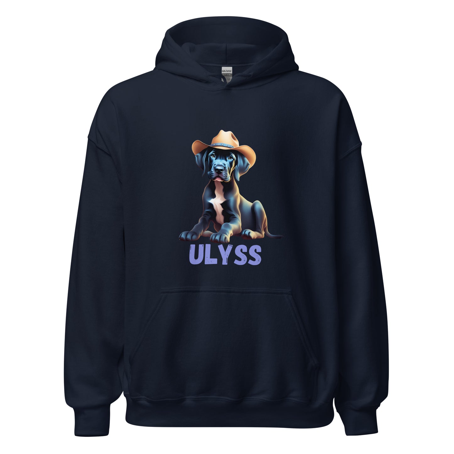 Sweat à capuche de couleur bleu marineavec poche devant avec un bébé dogue allemand avec un chapeau de cowboy sur la tête et personnalisation avec le nom de votre dogue en dessous de l'image