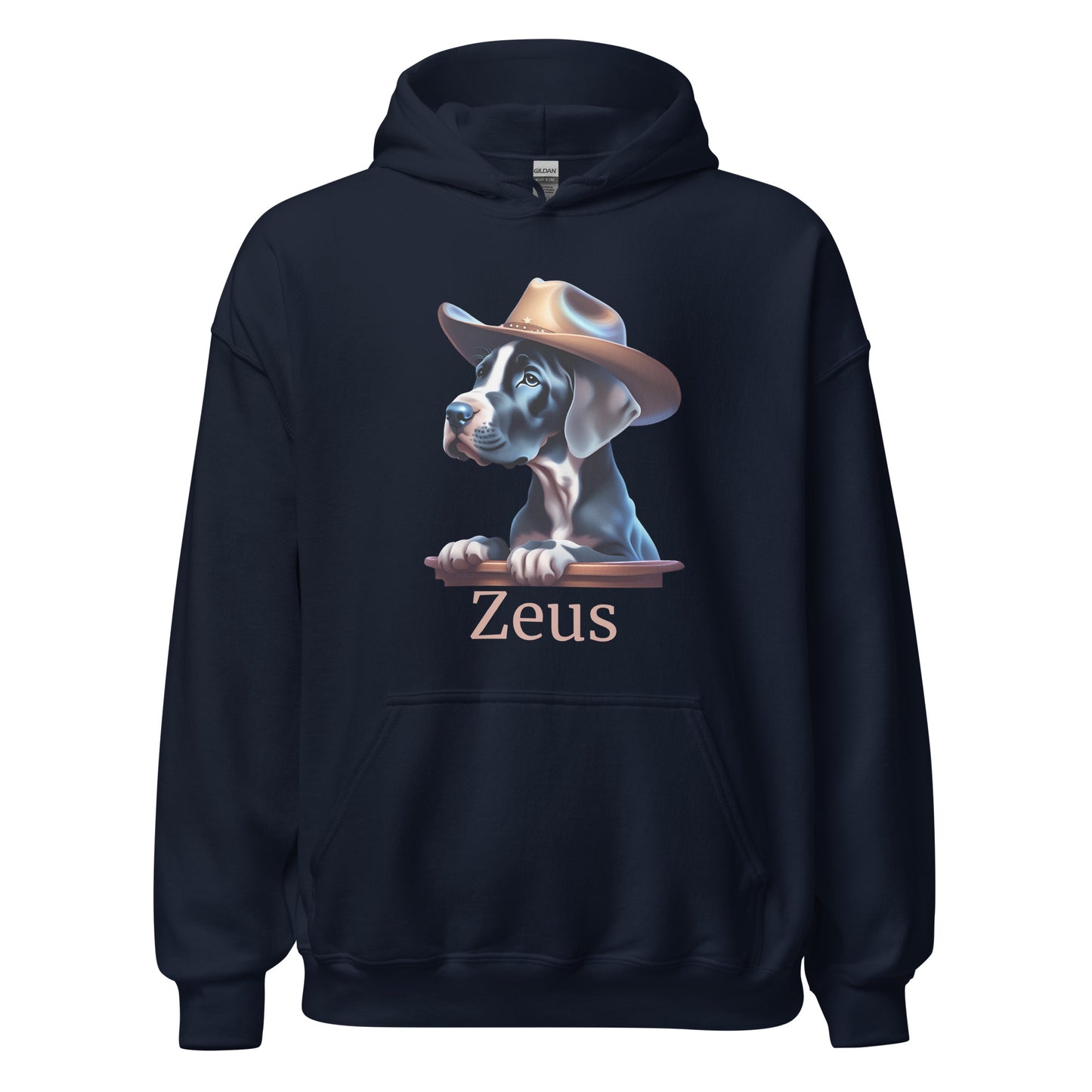 Sweat à capuche Bleu Marine avec une poche devant avec photo de bébé dogue allemand avec un chapeau de cowboy sur la tête avec la personnalisation du nom de votre propre dogue