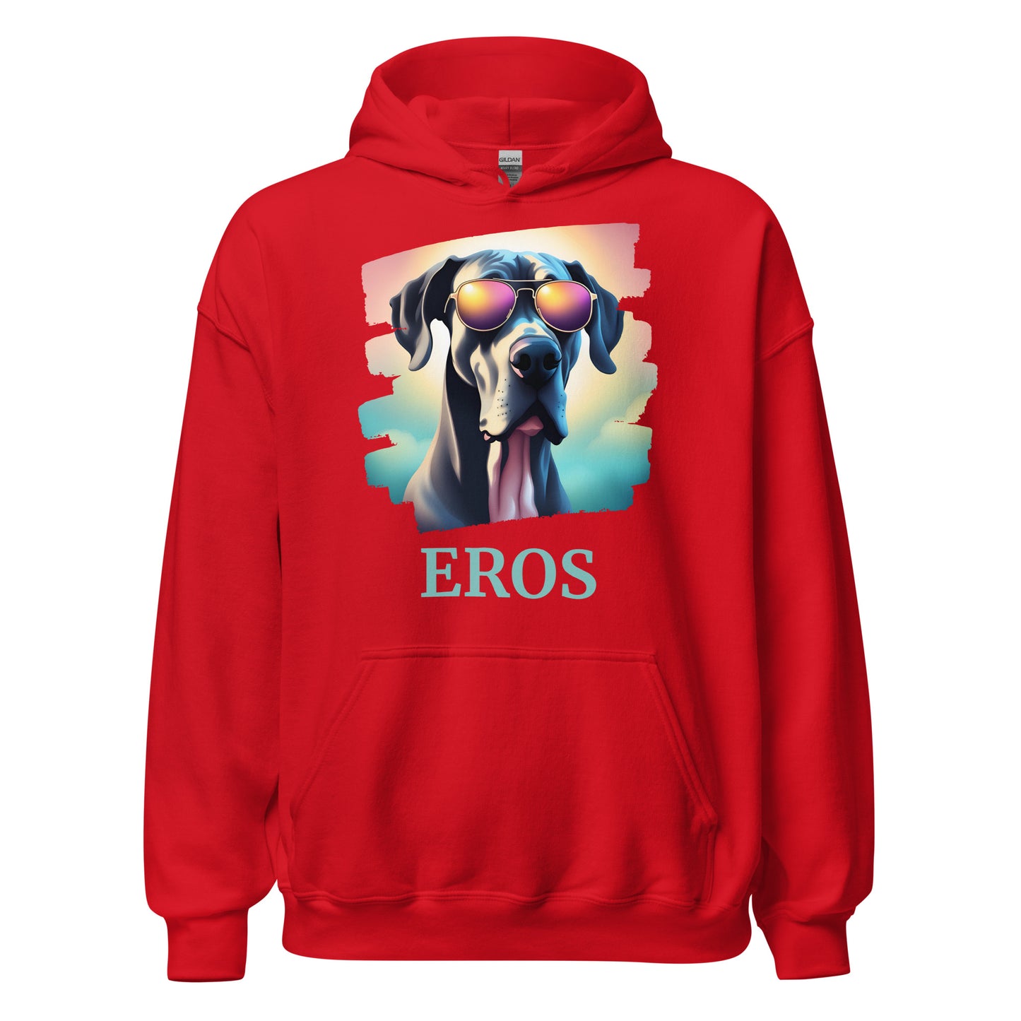 Sweat à capuche avec une poche devant de couleur rouge en coton comme dessin un dogue allemand avec des lunettes avec une personnalisation avec le nom de son propre dogue