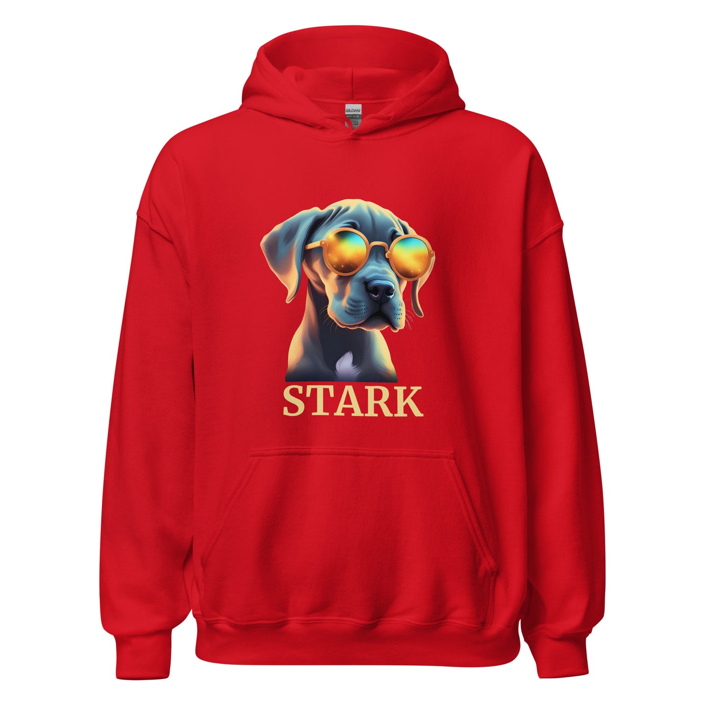 Sweat à capuche de couleur rouge avec poche devant Avec dessin de bébé dogue Allemand avec des lunettes de soleil avec personnalisation de mettre le nom de votre dogue en-dessous du dessin