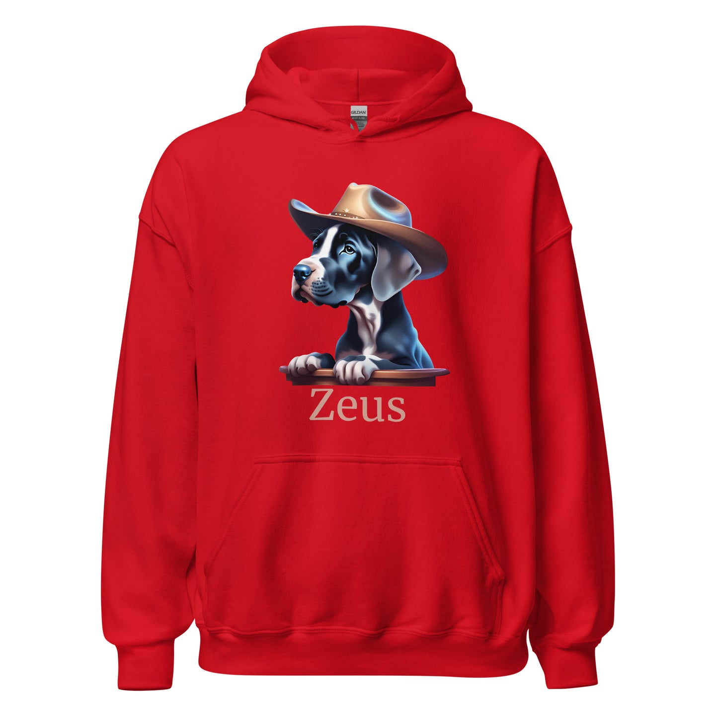 Sweat à capuche rouge avec une poche devant avec photo de bébé dogue allemand avec un chapeau de cowboy sur la tête avec la personnalisation du nom de votre propre dogue
