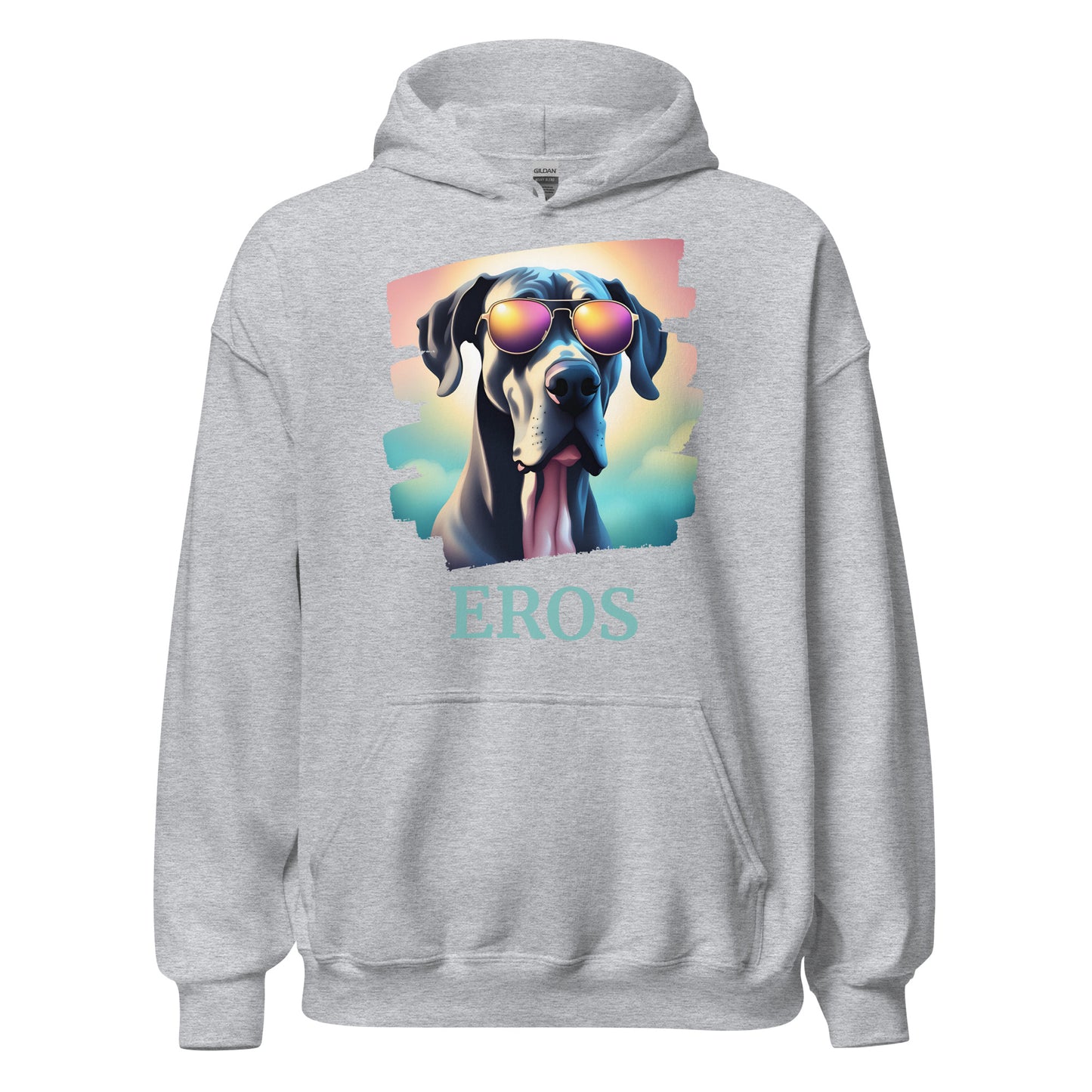 Sweat à capuche avec une poche devant de couleur gris en coton comme dessin un dogue allemand avec des lunettes avec une personnalisation avec le nom de son propre dogue