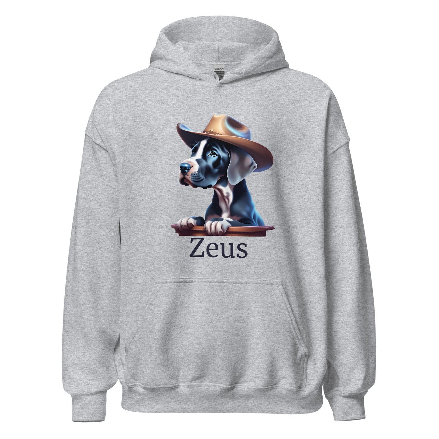 Sweat à capuche gris clair avec une poche devant avec photo de bébé dogue allemand avec un chapeau de cowboy sur la tête avec la personnalisation du nom de votre propre dogue