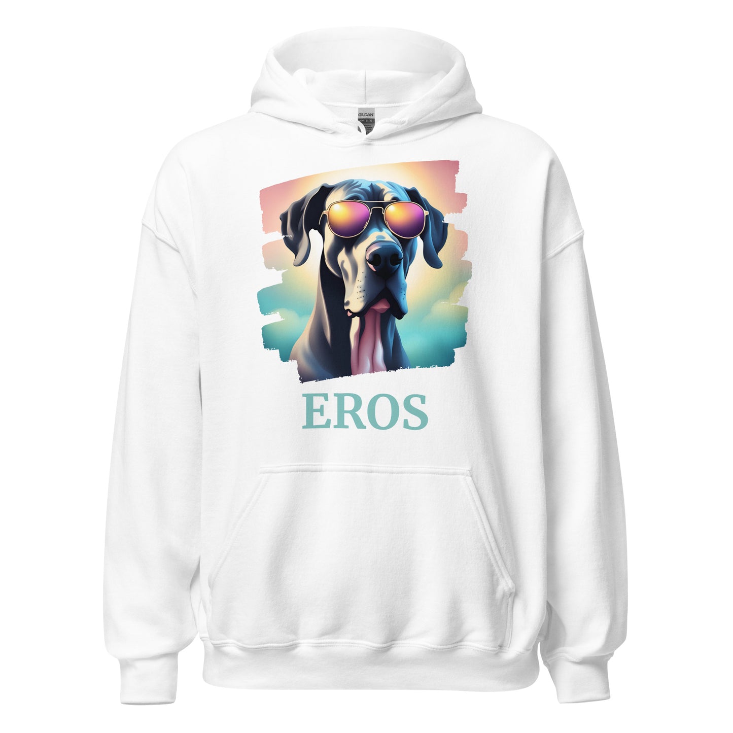 Sweat à capuche avec une poche devant de couleur blanc en coton comme dessin un dogue allemand avec des lunettes avec une personnalisation avec le nom de son propre dogue