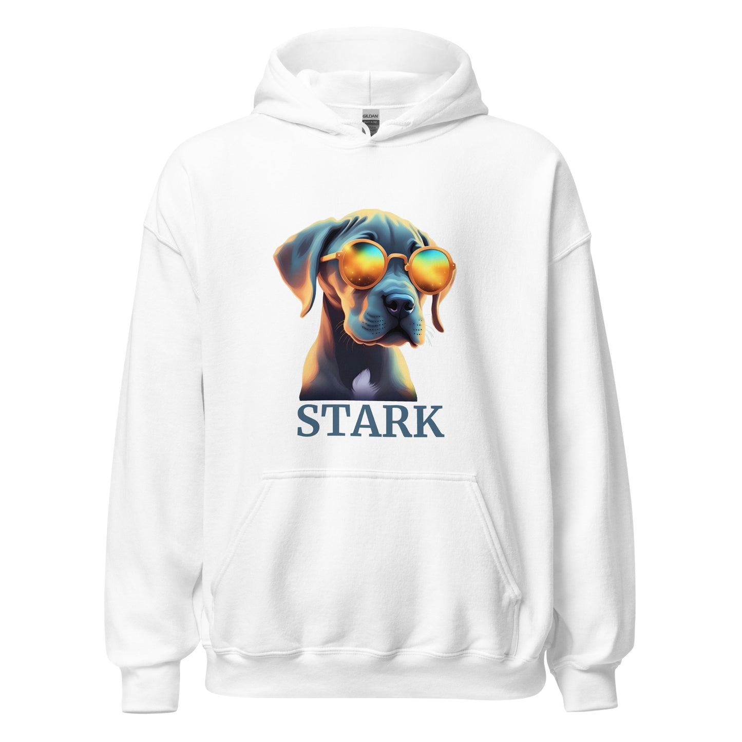 Sweat à capuche de couleur blanc avec poche devant Avec dessin de bébé dogue Allemand avec des lunettes de soleil avec personnalisation de mettre le nom de votre dogue en-dessous du dessin