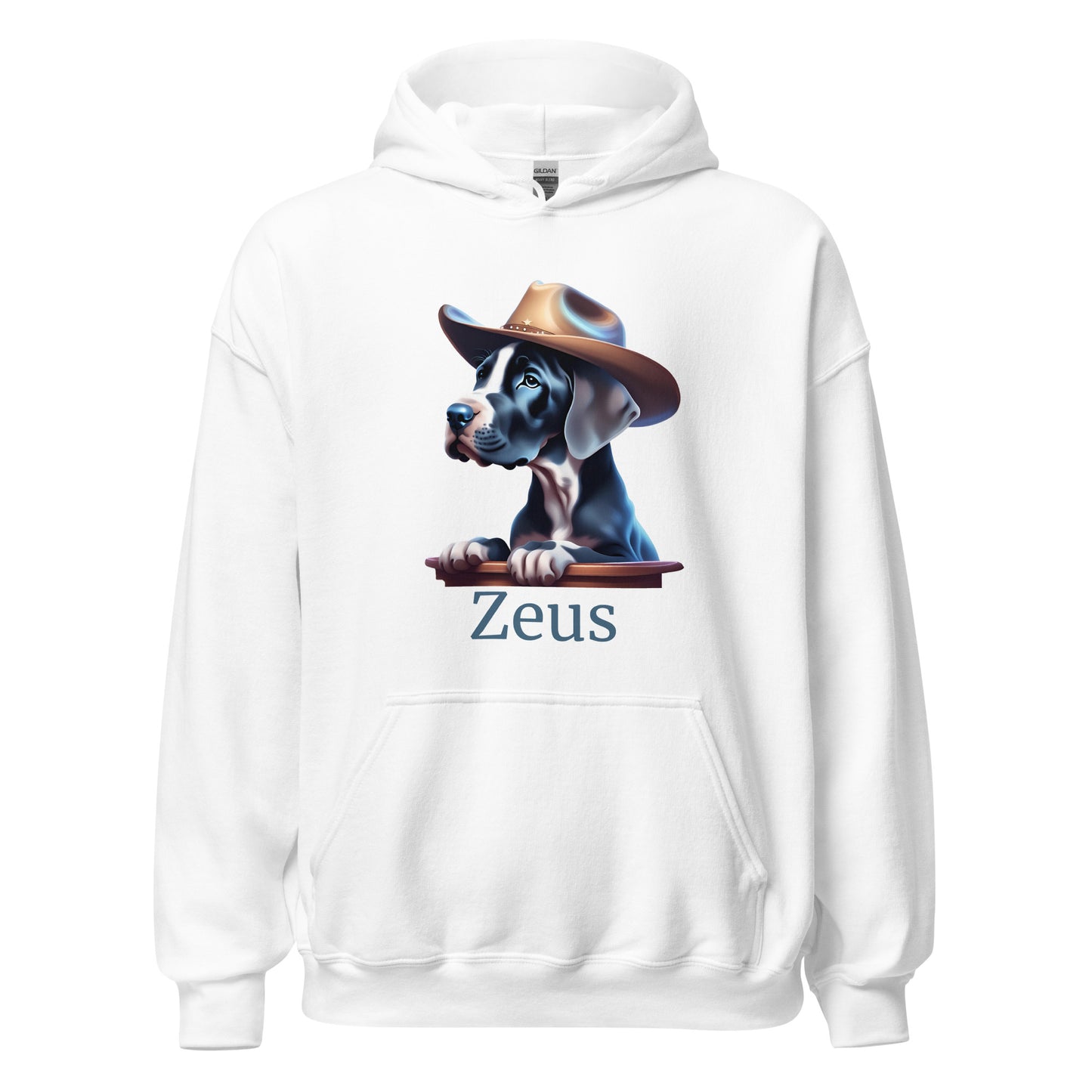 Sweat à capuche blanc avec une poche devant avec photo de bébé dogue allemand avec un chapeau de cowboy sur la tête avec la personnalisation du nom de votre propre dogue