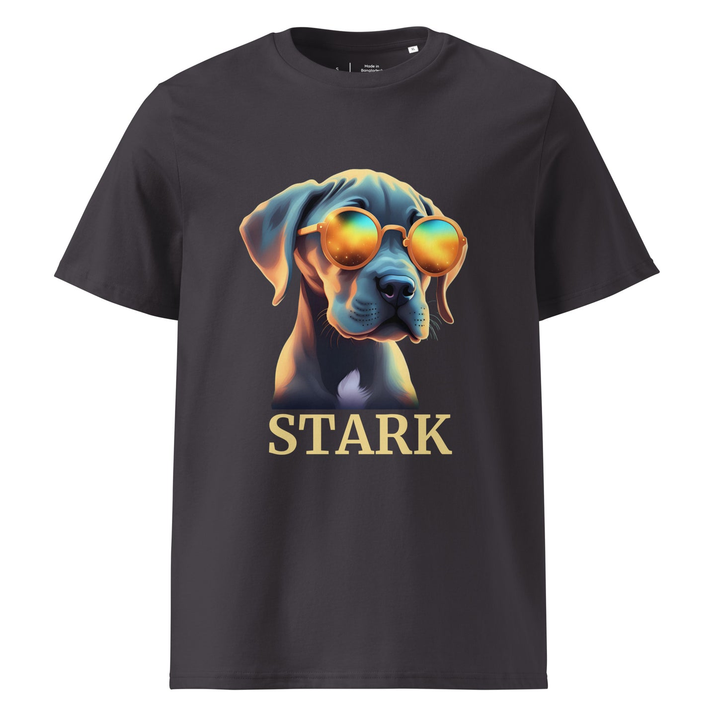 T-shirt de couleur Anthracite manche courte 100% coton bio avec comme dessin un bébé dogue allemand avec des lunettes avec personnalisation de mettre le nom de votre propre dogue
