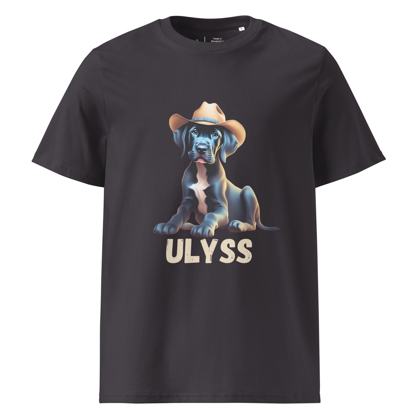 t-shirt de couleur anthracite col rond mache courte en 100% coton bio avec un dessin de bébé dogue allemand avec un chapeau de cowboy sur la tête avec comme personnalisation le nom de votre dogue en dessous du dessin