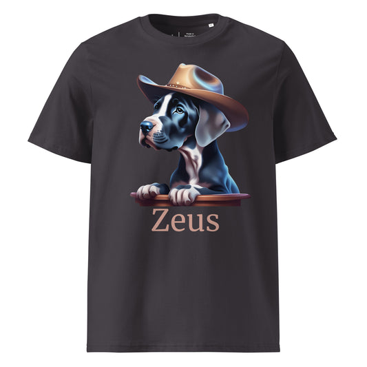 T-shirt anthracite en 100% coton bio avec manche courte et col rond avec un dessin de bébé dogue allemand avec un chapeau de cowboy avec personnalisation du nom de votre dogue