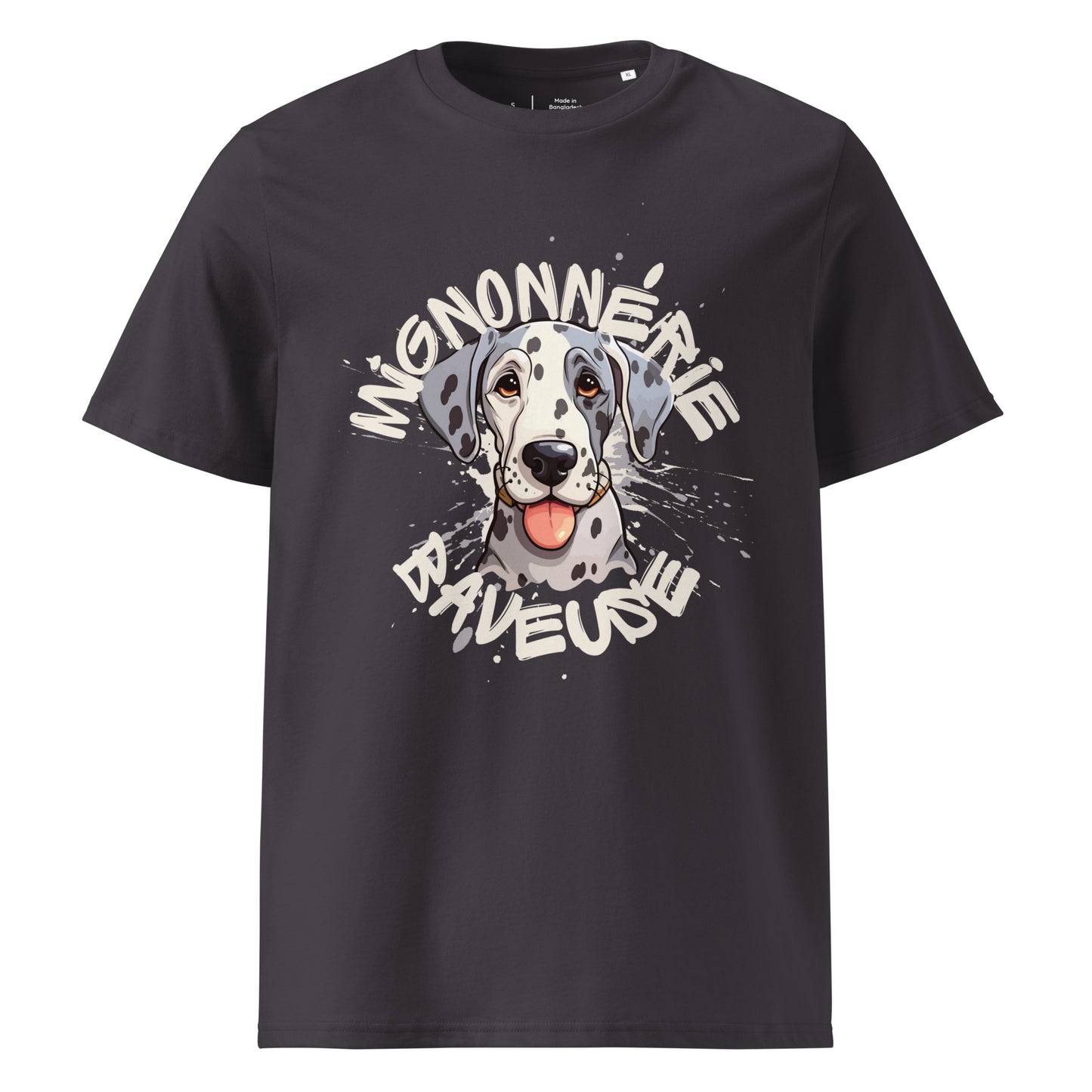 T-shirt de couleur anthracite encolure ronde et manche courte en 100% coton bio avec un dessin de Dogue Allemand Arlequin Avec écrit "Mignonnerie Baveuse"