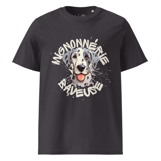 T-shirt de couleur anthracite encolure ronde et manche courte en 100% coton bio avec un dessin de Dogue Allemand Arlequin Avec écrit "Mignonnerie Baveuse"